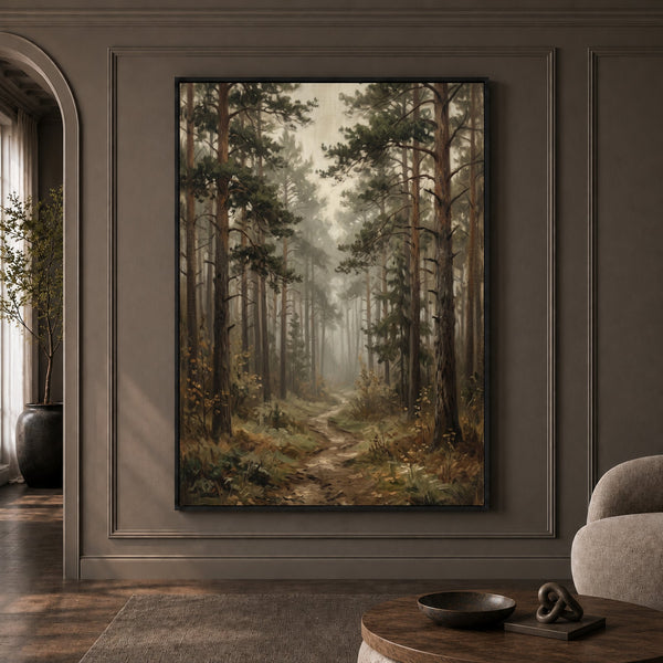 Misty Pine Forest Pathway Oil Painting Style Canvas Print Wall Art, Serene Decor - Mockup Display 1