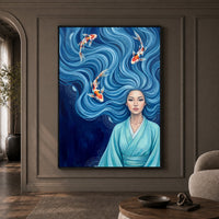 Serene Asian Woman with Flowing Blue Hair & Koi Fish Canvas Print Wall Art - Mockup Display 1