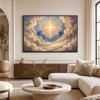 Radiant Cross in Divine Clouds Oil Painting Style Canvas Print Wall Art, Spiritual Decor - Mockup Display 1