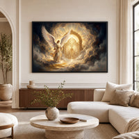 Radiant Angel at Golden Gates Divine Fantasy Canvas Print Wall Art, Heavenly Decor - Mockup Display 1