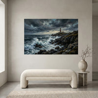 Stormy Lighthouse Stretched Canvas Wall Art, Dramatic Seascape Print, Coastal Living Room Decor