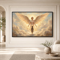 Serene Angel and Child Oil Painting Style Canvas Print Wall Art, Inspiring Divine Glow - Mockup Display 1