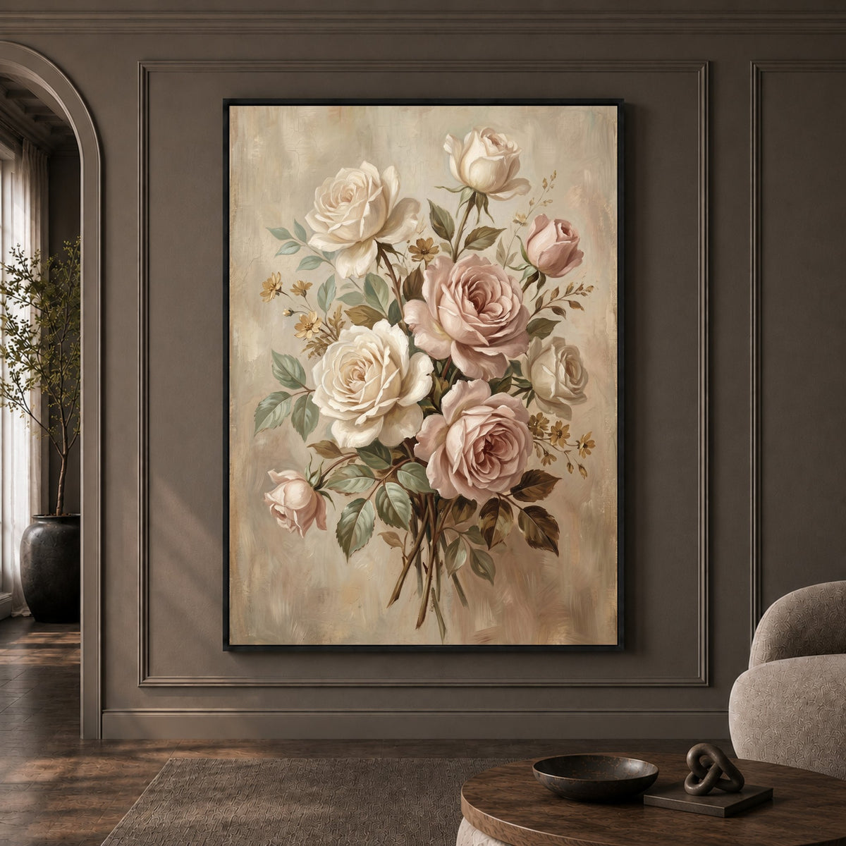 Romantic Blush & Cream Roses Oil Painting Style Canvas Print Wall Art, Elegant Home Decor - Mockup Display 1