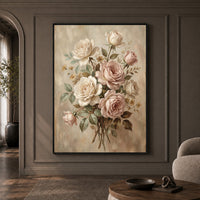 Romantic Blush & Cream Roses Oil Painting Style Canvas Print Wall Art, Elegant Home Decor - Mockup Display 1