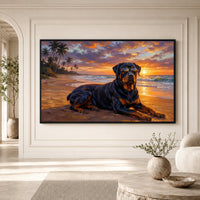 Cool Rottweiler Dog Oil Painting Style Canvas Print Wall Art, Tropical Sunset - Mockup Display 1