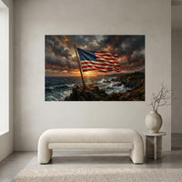 Patriotic American Flag Coastal Sunset Oil Painting Style Canvas Print Wall Art Decor - Mockup Display 1