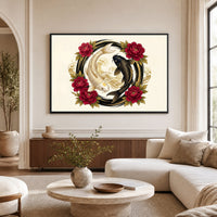 Golden and Black Koi Fish Peony Japanese Art Style Canvas Print Wall Art Decor - Mockup Display 1