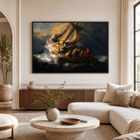 Rembrandt's Storm Sea Galilee Oil Painting Style Canvas Print Wall Art, Museum Quality - Mockup Display 1