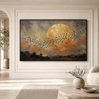 Flock of Birds Full Moon Landscape Oil Painting Style Canvas Print Wall Art for Home - Mockup Display 1