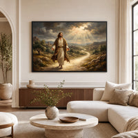 Jesus Walking Path Oil Painting Style Canvas Print Wall Art, Divine Light - Mockup Display 1