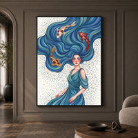 Mystical Water Maiden & Koi Fish Fantasy Canvas Print Wall Art, Serene Decor - Mockup Display 1