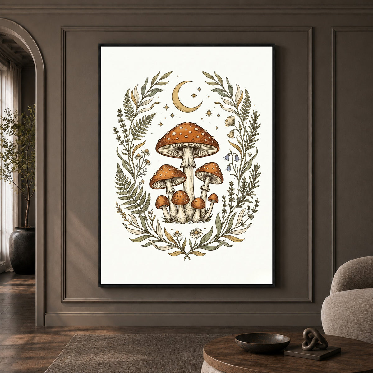 Whimsical Mushroom Folk Art Canvas Print Wall Art, Botanical Forest Decor - Mockup Display 1