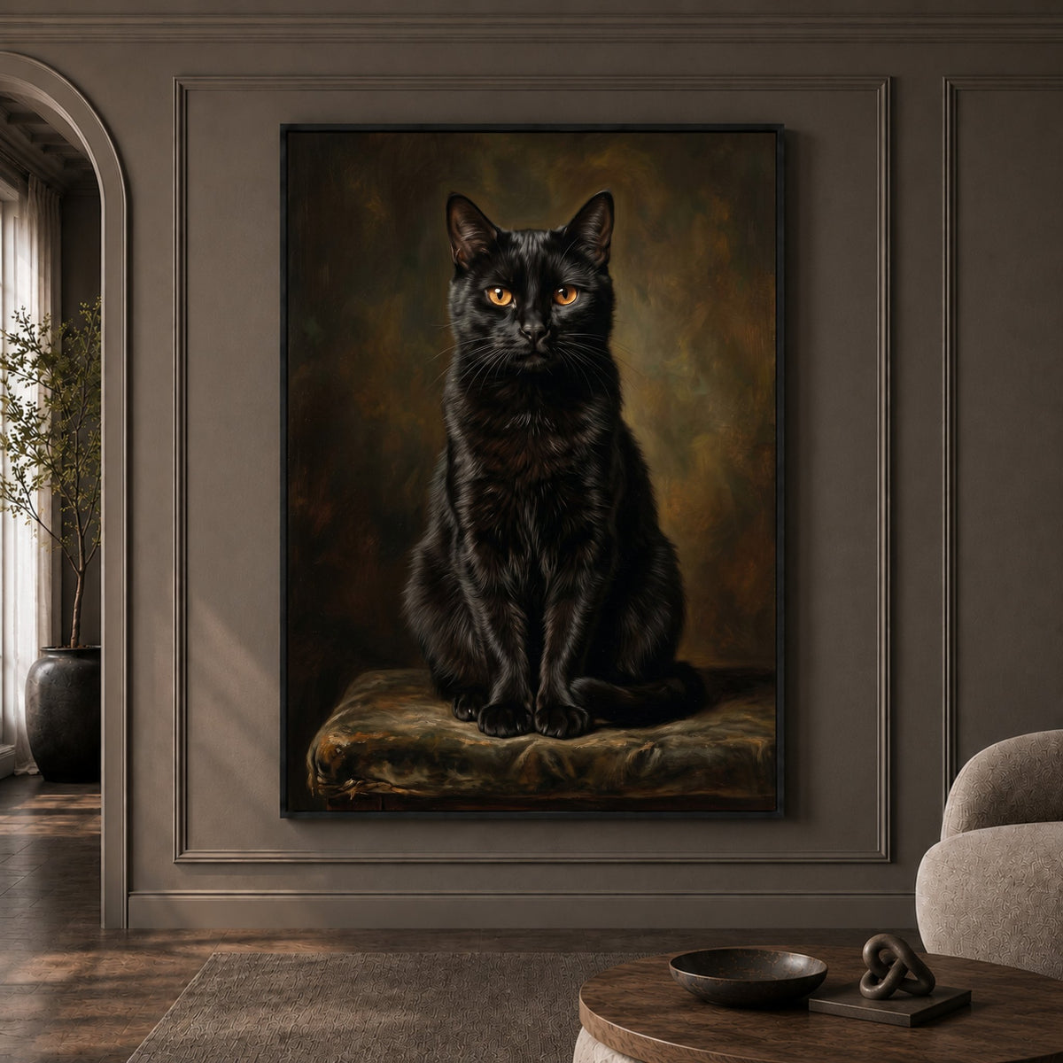 Elegant Black Cat Portrait Oil Painting Style Canvas Print Wall Art, Regal - Mockup Display 1