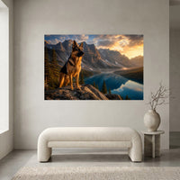 German Shepherd Dog Mountain Lake Sunset Oil Painting Style Canvas Print Wall Art, Majestic - Mockup Display 1