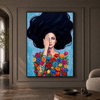 Vibrant Floral Woman Oil Painting Style Canvas Print Wall Art, Expressive Decor - Mockup Display 1