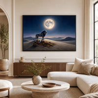 Mystical Desert Night Lion Guarding Man Canvas Print Wall Art, Dreamscape Decor - Mockup Display 1