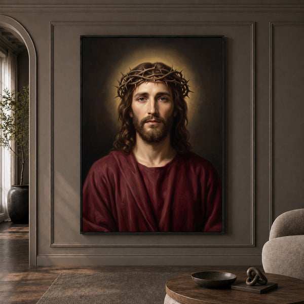 Jesus Christ with Crown of Thorns Oil Painting Style Canvas Print Wall Art, Sacred - Mockup Display 1