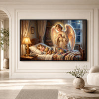 Guardian Angel Watching Child Oil Painting Style Canvas Print Wall Art, Serene Home Decor - Mockup Display 1