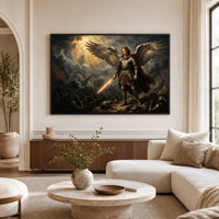 Archangel Michael Divine Battle Oil Painting Style Canvas Print Wall Art, Majestic - Mockup Display 1