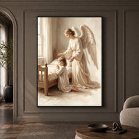 Guardian Angel Child Prayer Oil Painting Style Canvas Print Wall Art Divine - Mockup Display 1