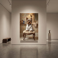 Yorkshire Terrier in Robe Oil Painting Style Canvas Print Wall Art, Elegant Bathroom Decor - Mockup Display 1