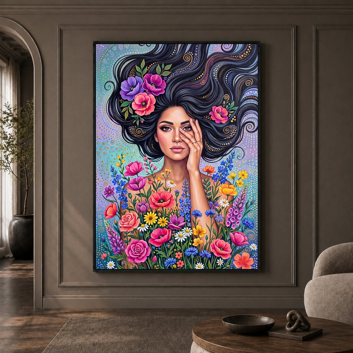 Vibrant Boho Woman & Flowers Canvas Print Wall Art, Expressive Modern Decor - Mockup Display 1