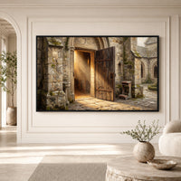Ancient Church Entrance Sunlit Path Oil Painting Style Canvas Print Wall Art - Mockup Display 1