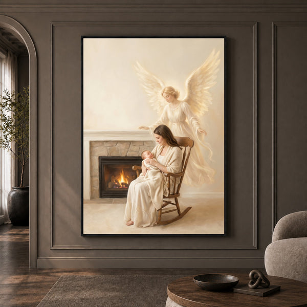 Serene Mother & Baby with Guardian Angel Oil Painting Style Canvas Print Wall Art - Mockup Display 1