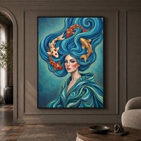Mystical Woman with Koi Fish Canvas Print Wall Art, Elegant Fantasy Style Decor - Mockup Display 1