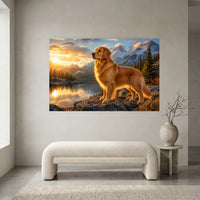 Majestic Golden Retriever Sunset Mountains Lake Art Print Canvas Wall Decor - Mockup Display 1
