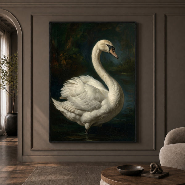 Majestic White Swan Oil Painting Style Canvas Print Wall Art, Elegant Nature Decor - Mockup Display 1