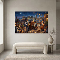 Rooftop Jazz Dogs NYC Skyline Oil Painting Style Canvas Print Wall Art for Urban Decor - Mockup Display 1
