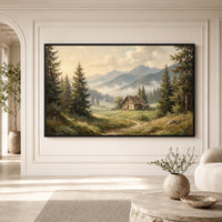 Misty Mountain Valley Cabin Oil Painting Style Canvas Print Wall Art Scenic Decor - Mockup Display 1