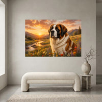 St. Bernard Dog Sunset Meadow Oil Painting Style Canvas Print Wall Art, Golden Hour - Mockup Display 1