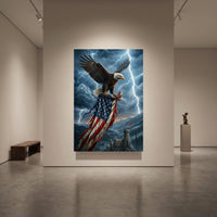 Majestic Bald Eagle & Tattered American Flag Stormy Sky Patriotic Canvas Print Wall Art - Mockup Display 1