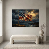 American Flag Coastal Canvas Wall Art, Dramatic Patriotic Seascape Print, Rustic Living Room Decor