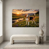 Regal Beagle Dog Mountain Sunset Oil Painting Style Canvas Print Wall Art, Nature Inspired - Mockup Display 1
