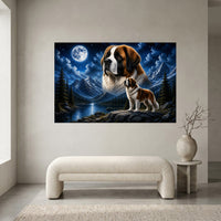 Majestic Saint Bernard Dogs Moonlit Mountain Lake Canvas Print Wall Art - Mockup Display 1