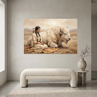 Native American Woman White Buffalo Oil Painting Style Canvas Print Wall Art, Serene Decor - Mockup Display 1