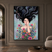 Mystical Woman with Vibrant Flowers Artistic Canvas Print Wall Art, Dreamy Portrait - Mockup Display 1