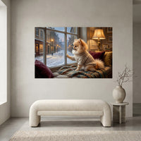 Pomeranian Stretched Canvas Wall Art, Snowy Window Dog Print, Cozy Living Room Decor