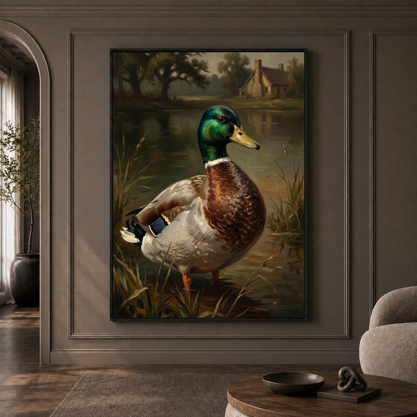 Mallard Duck Pond Rustic Landscape Oil Painting Style Canvas Print Wall Art Decor - Mockup Display 1