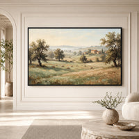 Rustic Landscape with Grazing Sheep Oil Painting Style Canvas Print Wall Art, Farmhouse Decor - Mockup Display 1