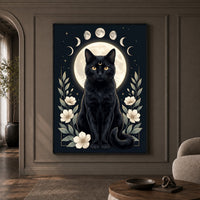 Mystical Black Cat Moon Phases Celestial Canvas Print Wall Art, Elegant Home Decor - Mockup Display 1