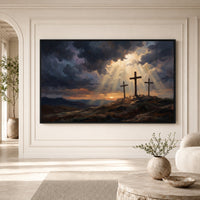 Three Crosses Hill Oil Painting Style Canvas Print Wall Art, Dramatic Scene - Mockup Display 1
