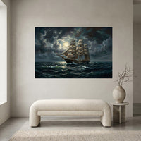 Majestic Three-Masted Ship Moonlight Oil Painting Style Canvas Print Wall Art - Mockup Display 1