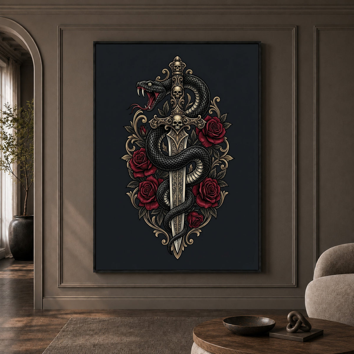 Gothic Snake & Skull Sword with Red Roses Illustrative Canvas Print Wall Art, Dark Fantasy Decor - Mockup Display 1