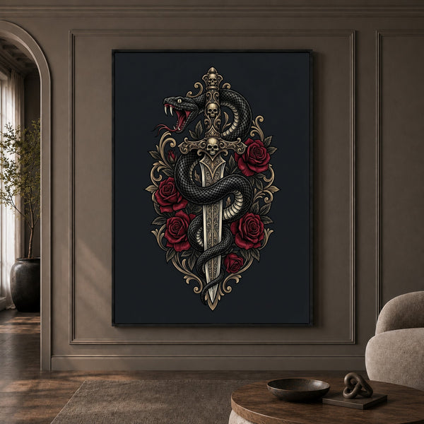 Gothic Snake & Skull Sword with Red Roses Illustrative Canvas Print Wall Art, Dark Fantasy Decor - Mockup Display 1