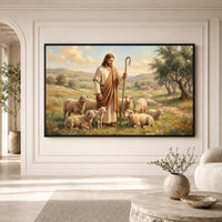 Jesus Christ Good Shepherd Oil Painting Style Canvas Print Wall Art, Inspirational Decor - Mockup Display 1