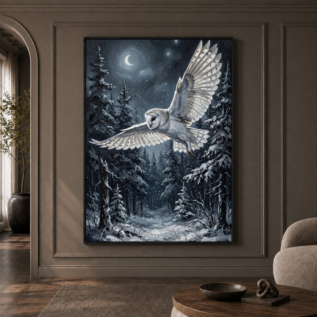 Majestic Barn Owl Snowy Forest Night Oil Painting Style Canvas Print Wall Art - Mockup Display 1